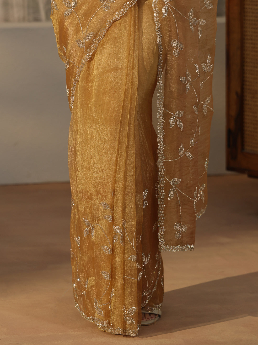  Libas Art Gold Floral Embellished Tissue Saree 