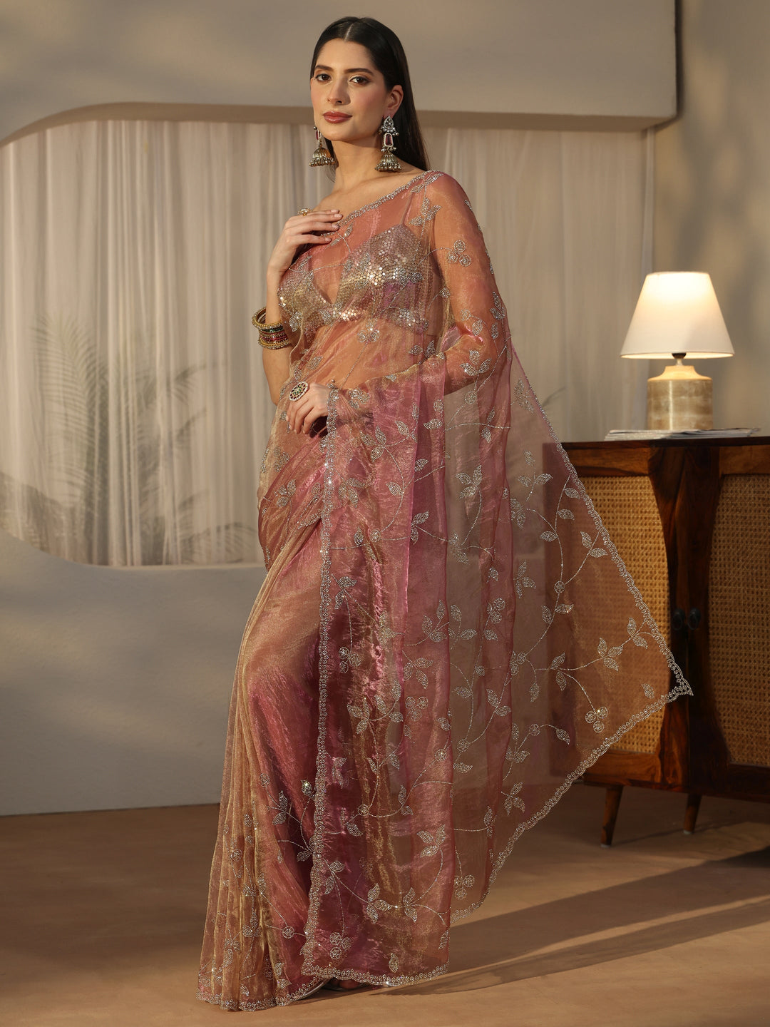  Libas Art Dusty Rose Pink Floral Embellished Tissue Saree 