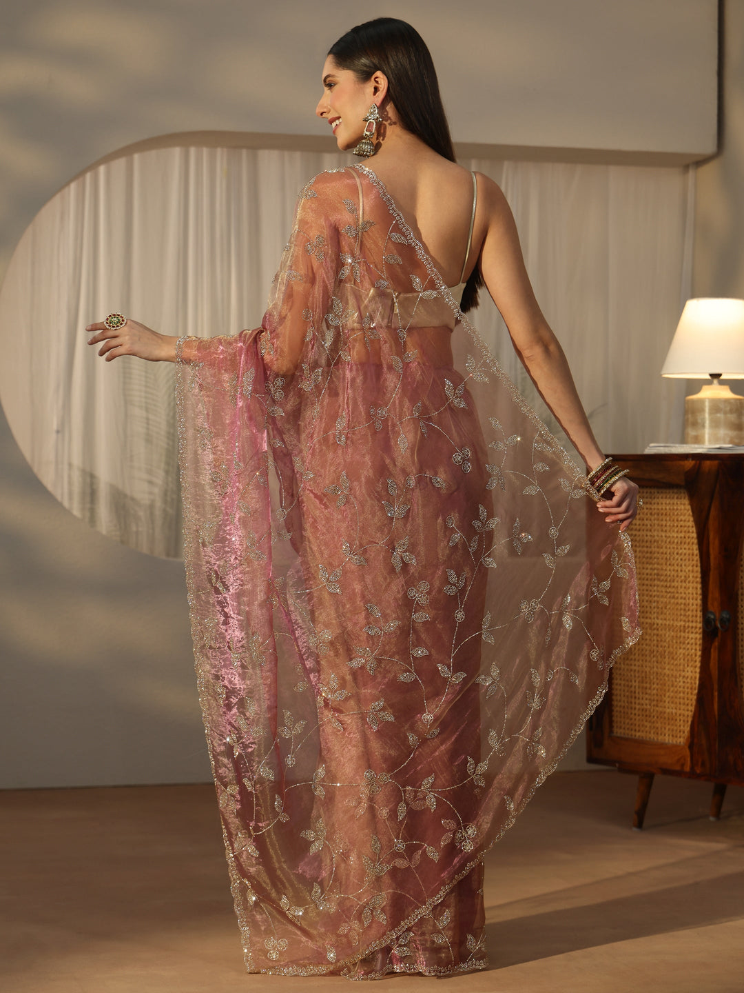  Libas Art Dusty Rose Pink Floral Embellished Tissue Saree 