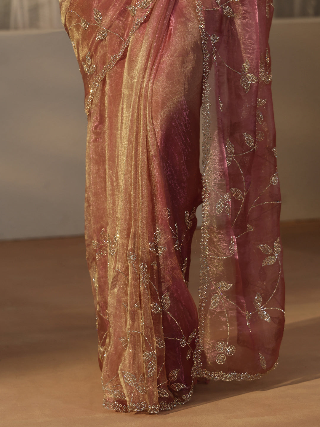  Libas Art Dusty Rose Pink Floral Embellished Tissue Saree 