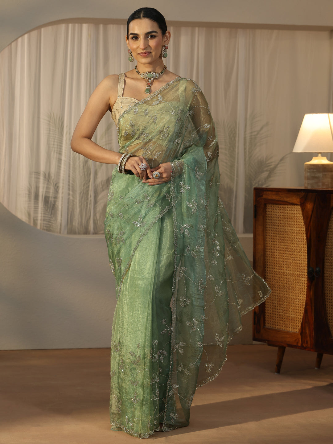  Libas Art Sage Green Floral Embellished Tissue Saree 