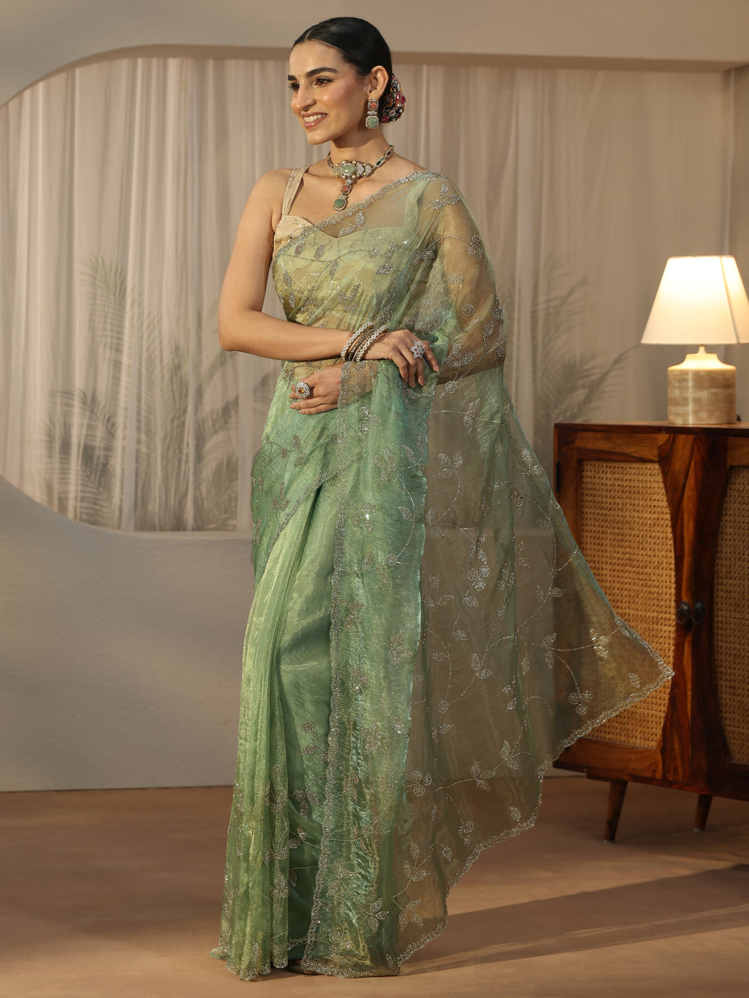  Libas Art Sage Green Floral Embellished Tissue Saree 