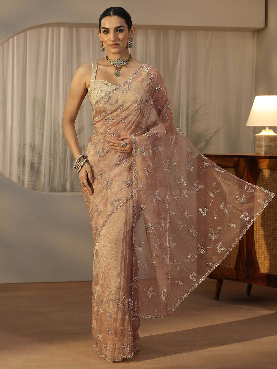  Libas Art Taupe Brown Floral Embellished Tissue Saree 
