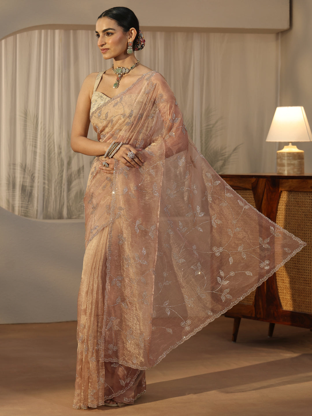  Libas Art Taupe Brown Floral Embellished Tissue Saree 