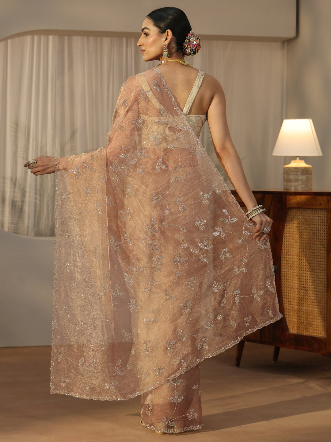  Libas Art Taupe Brown Floral Embellished Tissue Saree 