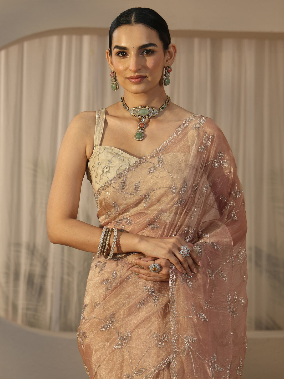  Libas Art Taupe Brown Floral Embellished Tissue Saree 