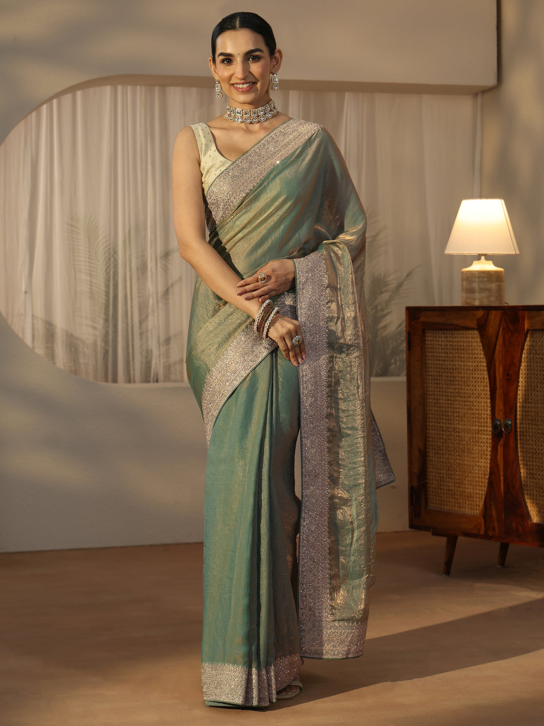  Libas Green Tissue Saree with Embellished Border 