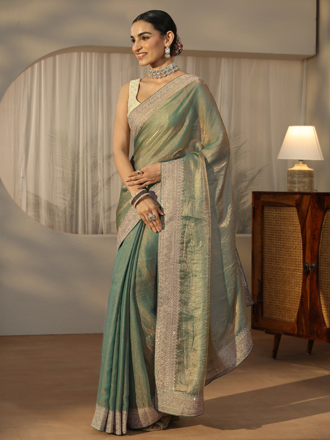  Libas Green Tissue Saree with Embellished Border 