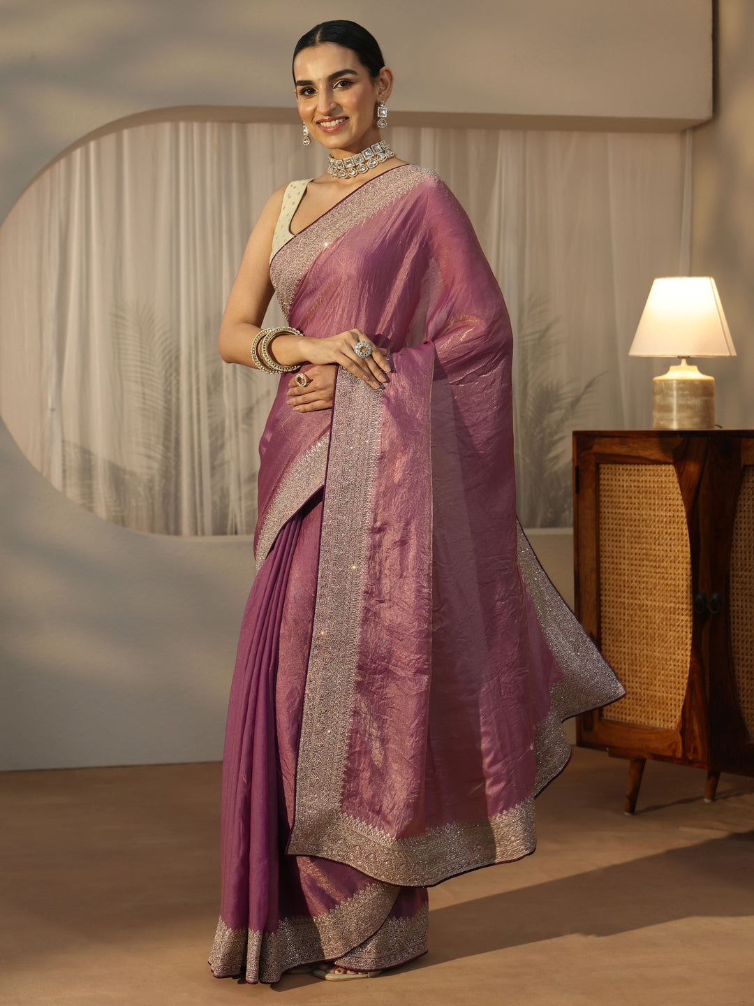  Libas Muave Tissue Saree with Embellished Border 
