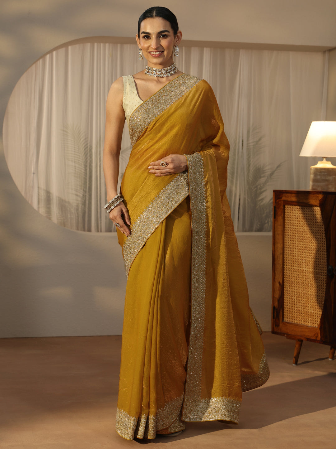  Libas Honey Yellow Tissue Saree with Embellished Border 