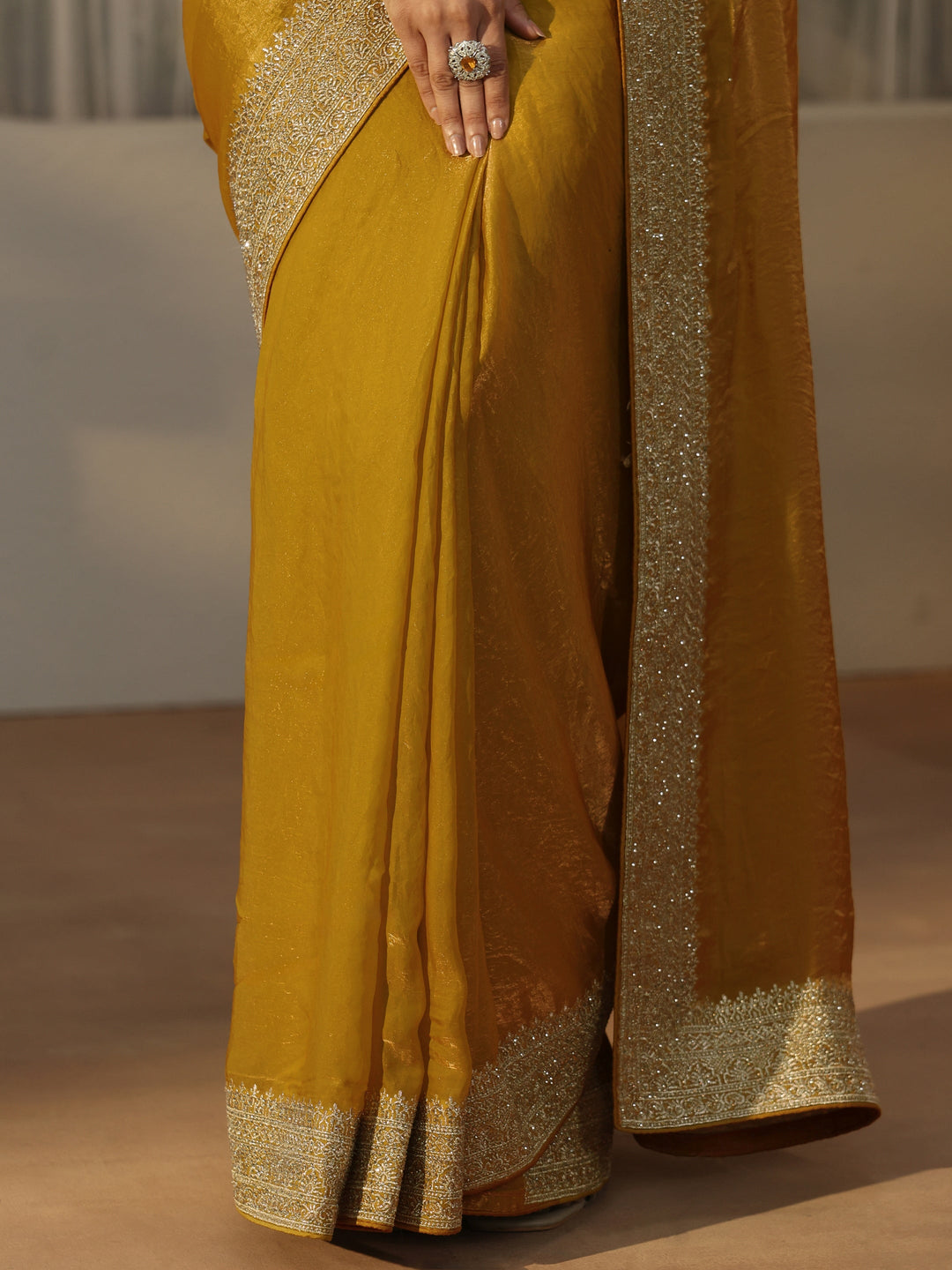  Libas Honey Yellow Tissue Saree with Embellished Border 