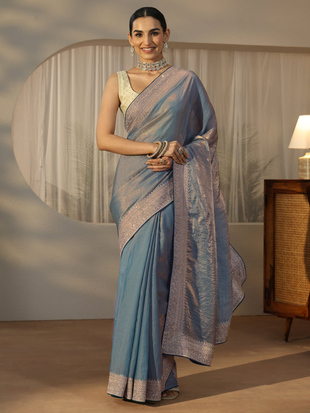  Libas Blue Tissue Saree with Embellished Border 