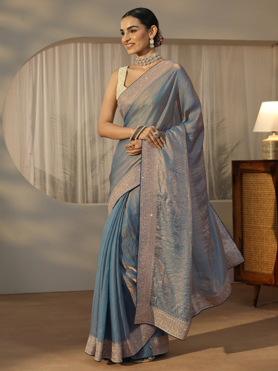  Libas Blue Tissue Saree with Embellished Border 