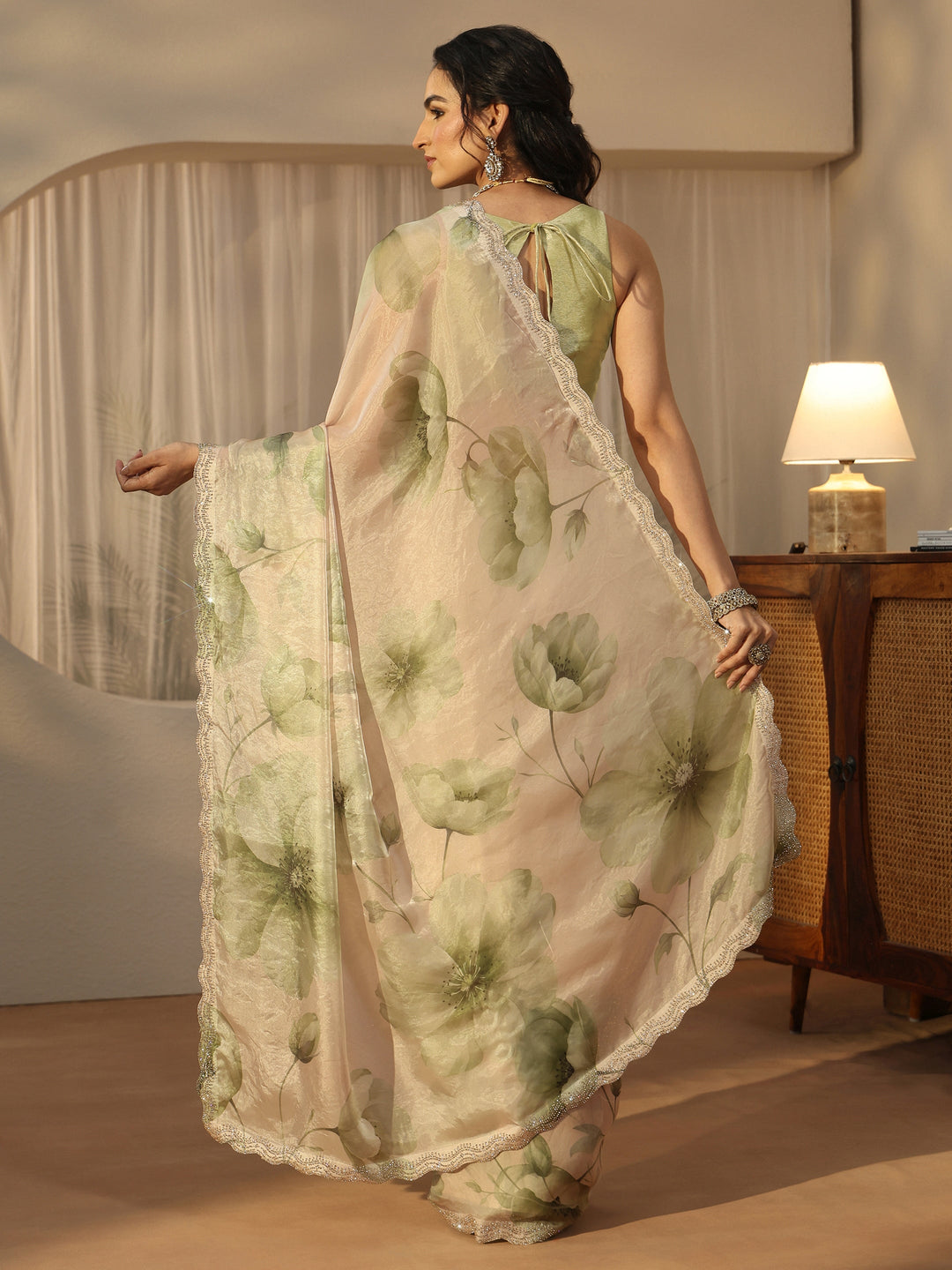  Libas Green Floral Printed Tissue Saree 