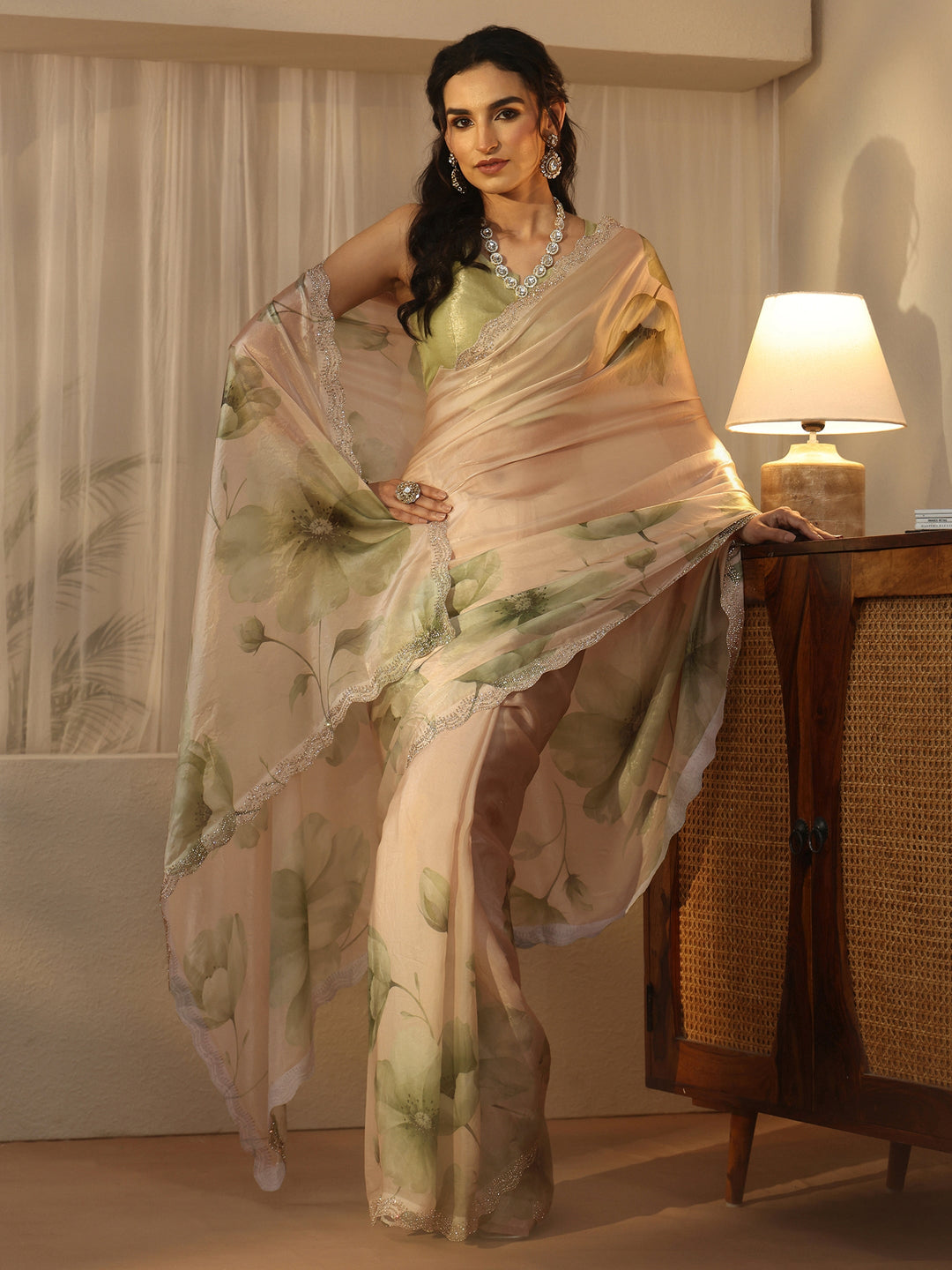  Libas Green Floral Printed Tissue Saree 