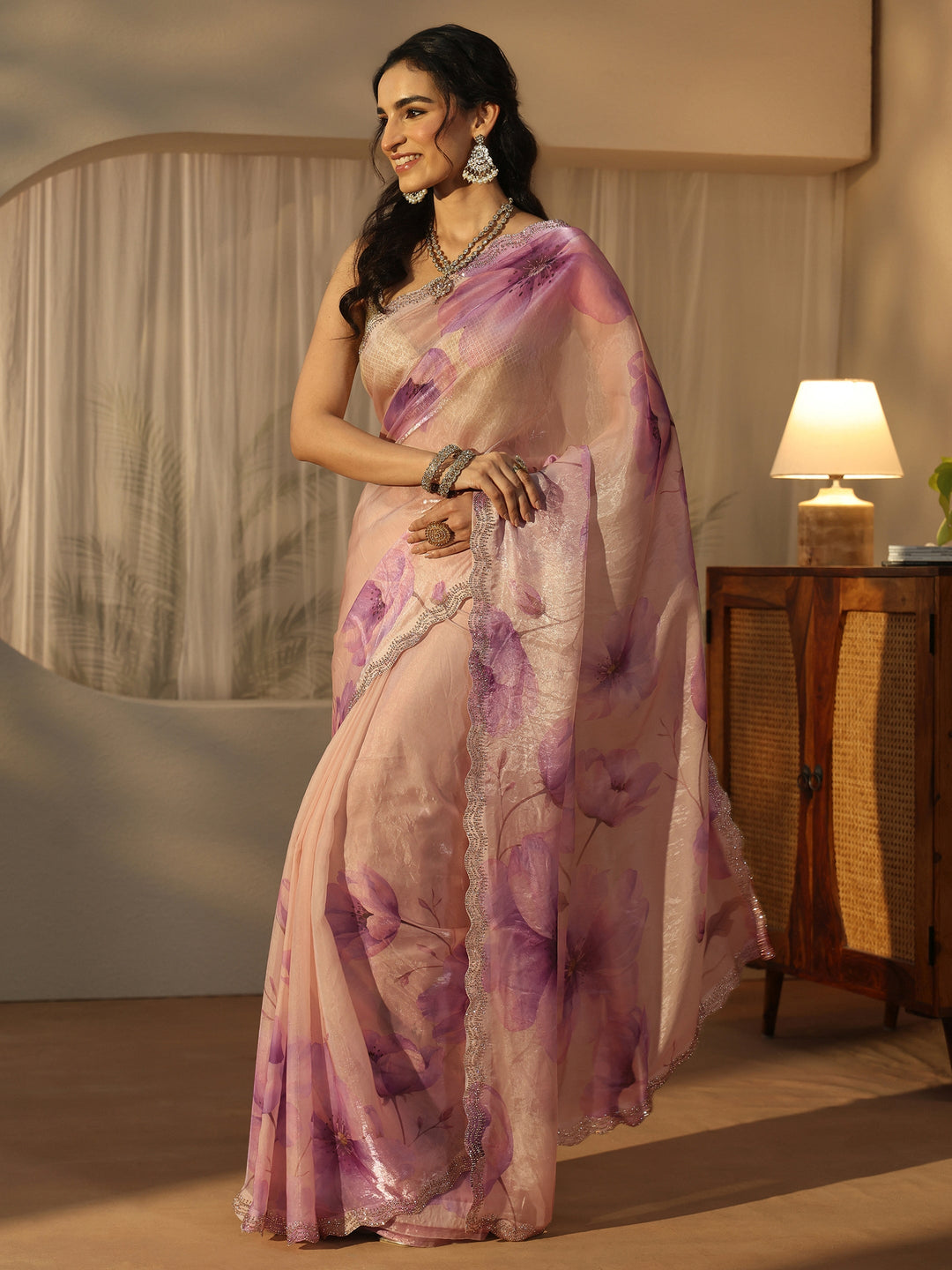  Libas Purple Floral Printed Tissue Saree with Embellished Border 