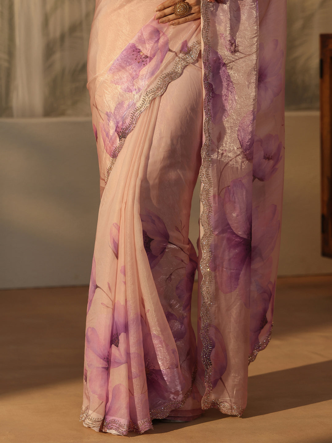  Libas Purple Floral Printed Tissue Saree with Embellished Border 