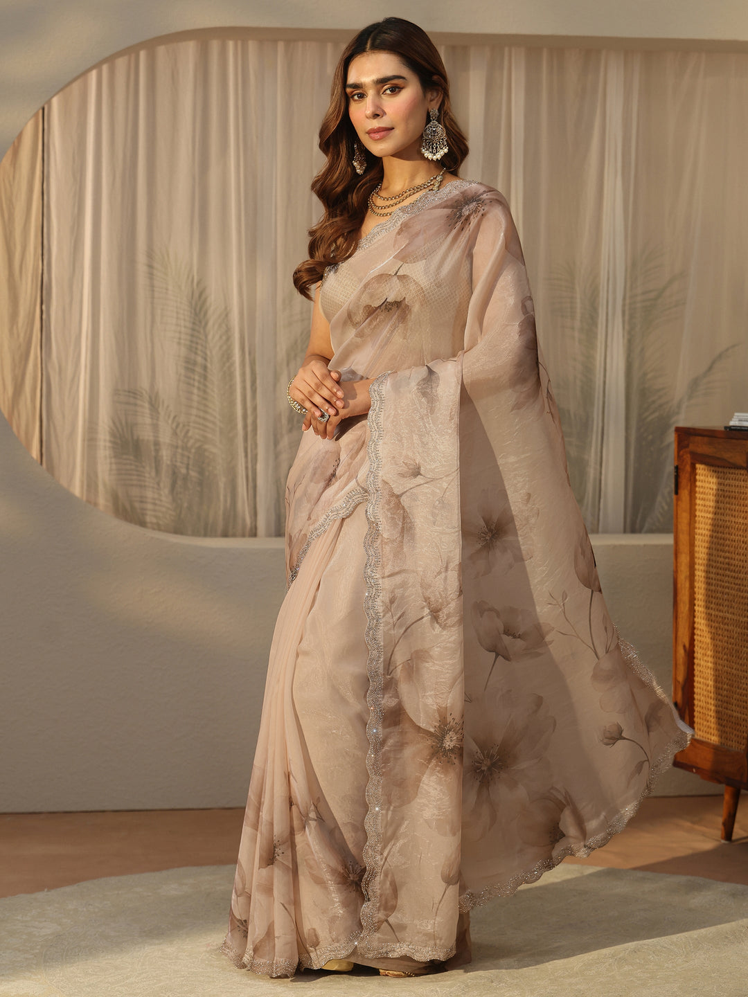  Libas Beige Floral Printed Tissue Saree with Embellished Border 