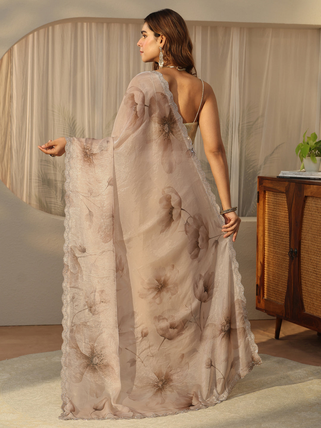  Libas Beige Floral Printed Tissue Saree with Embellished Border 