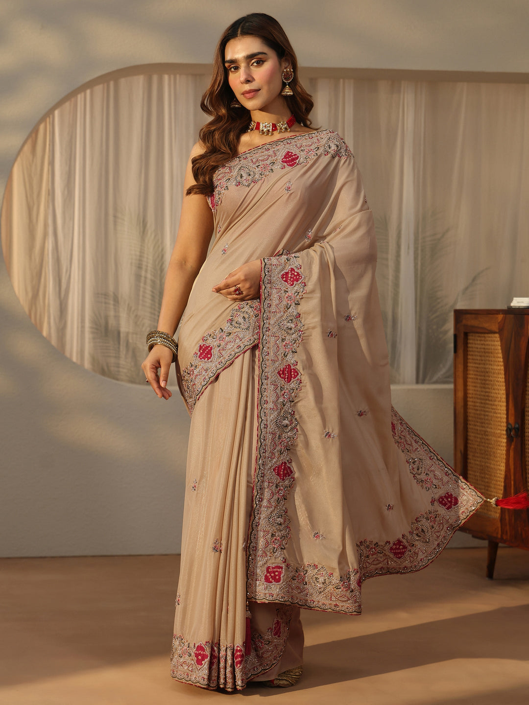  Libas Beige Floral Embroidered Satin Saree 