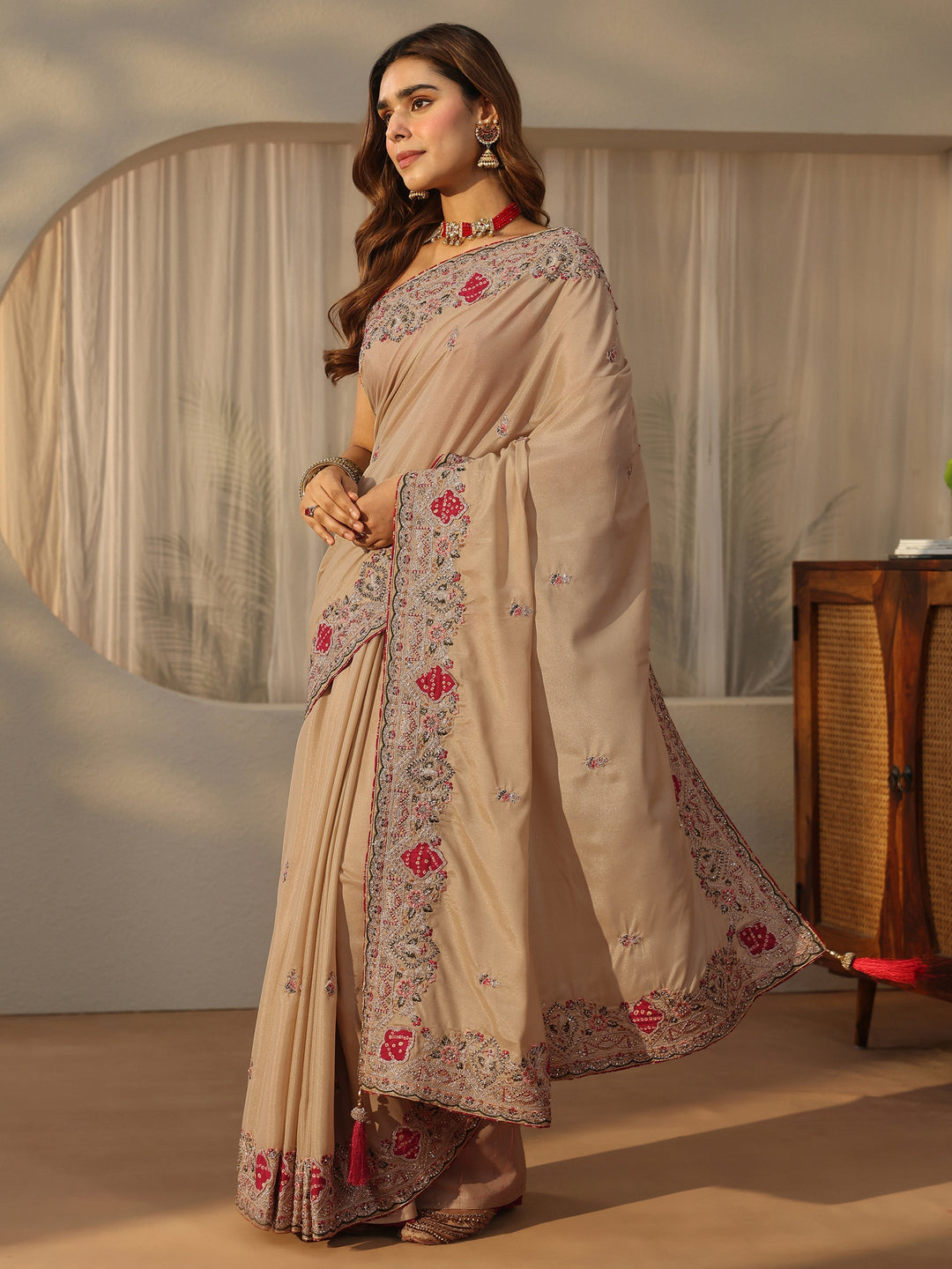  Libas Beige Floral Embroidered Satin Saree 