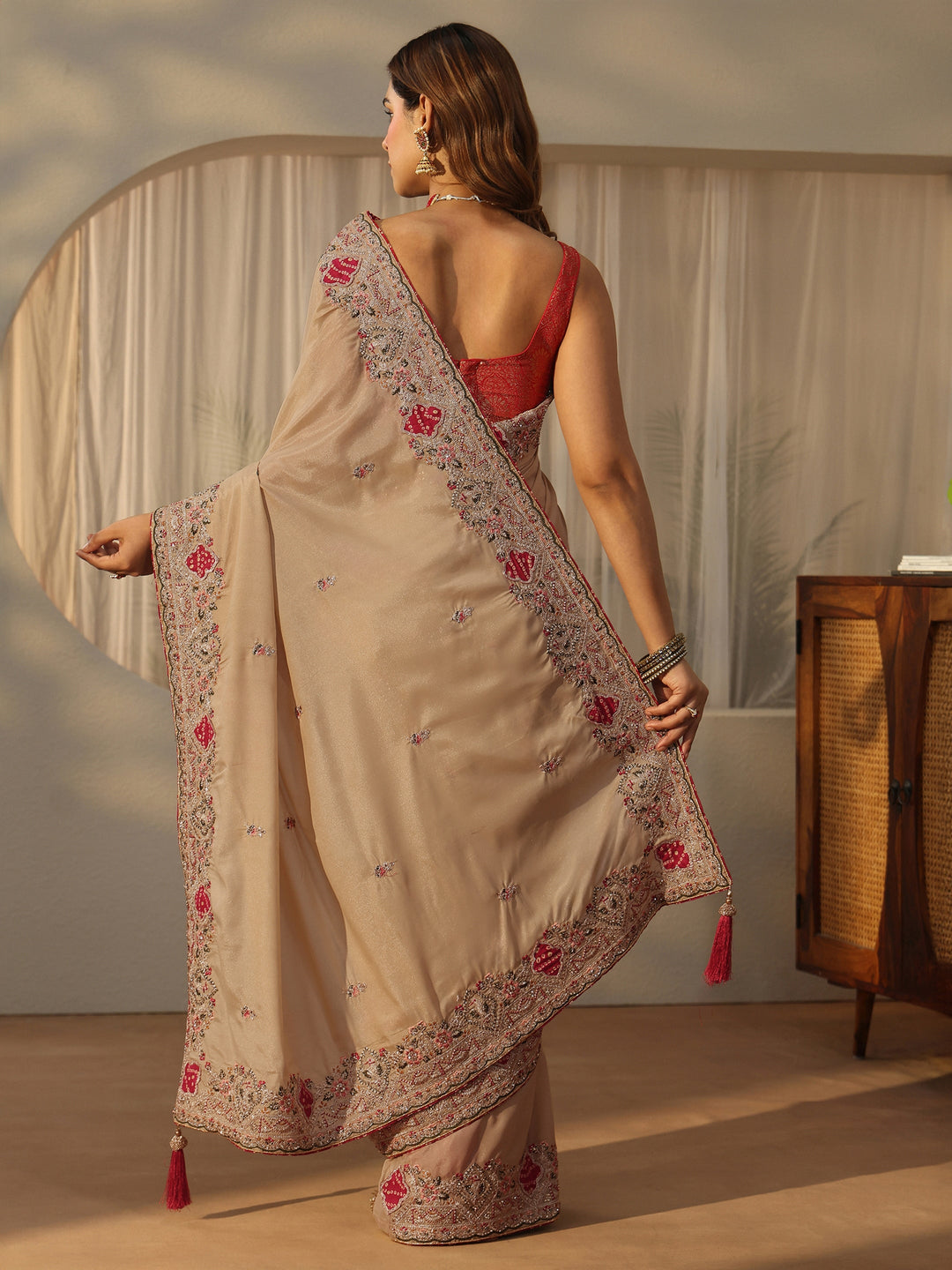  Libas Beige Floral Embroidered Satin Saree 