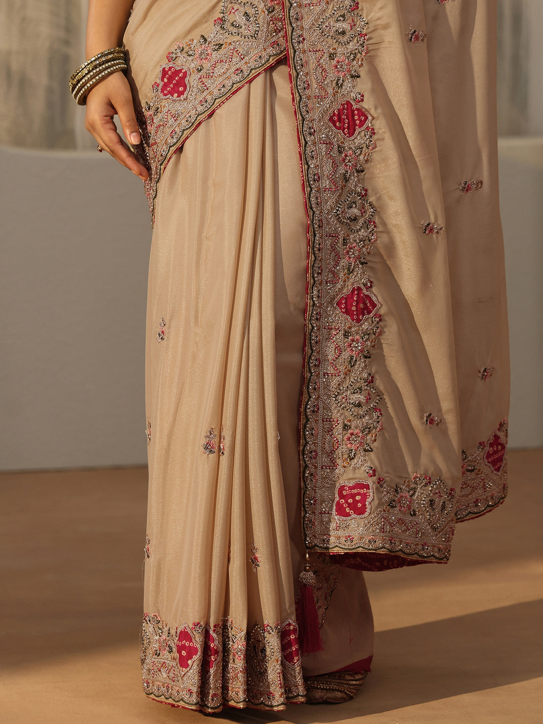  Libas Beige Floral Embroidered Satin Saree 