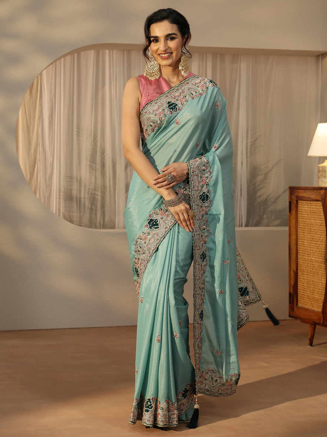  Libas Sky Blue Floral Embroidered Satin Saree 