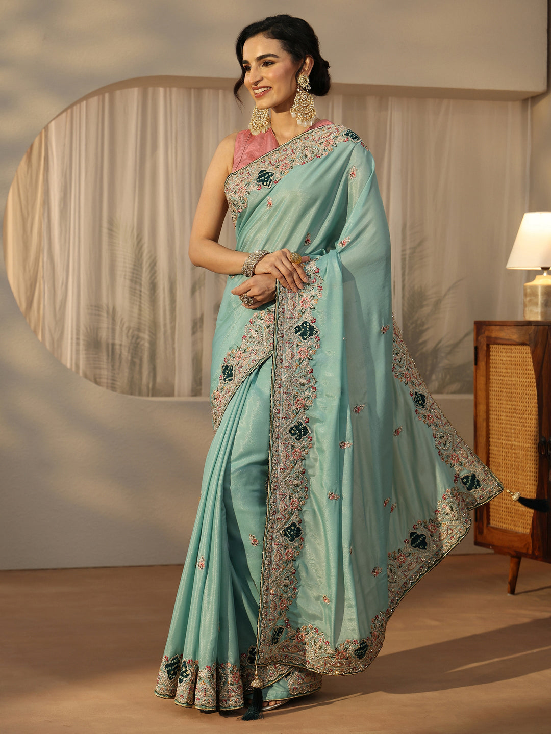  Libas Sky Blue Floral Embroidered Satin Saree 
