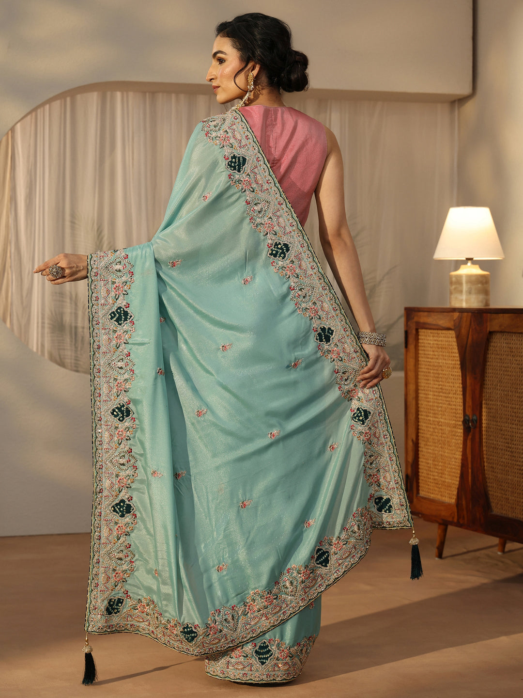  Libas Sky Blue Floral Embroidered Satin Saree 