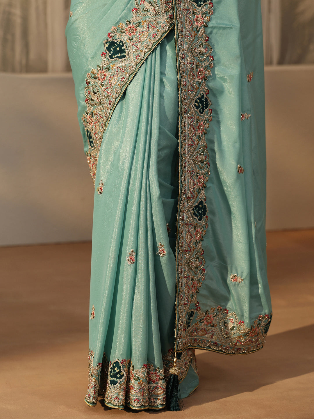  Libas Sky Blue Floral Embroidered Satin Saree 