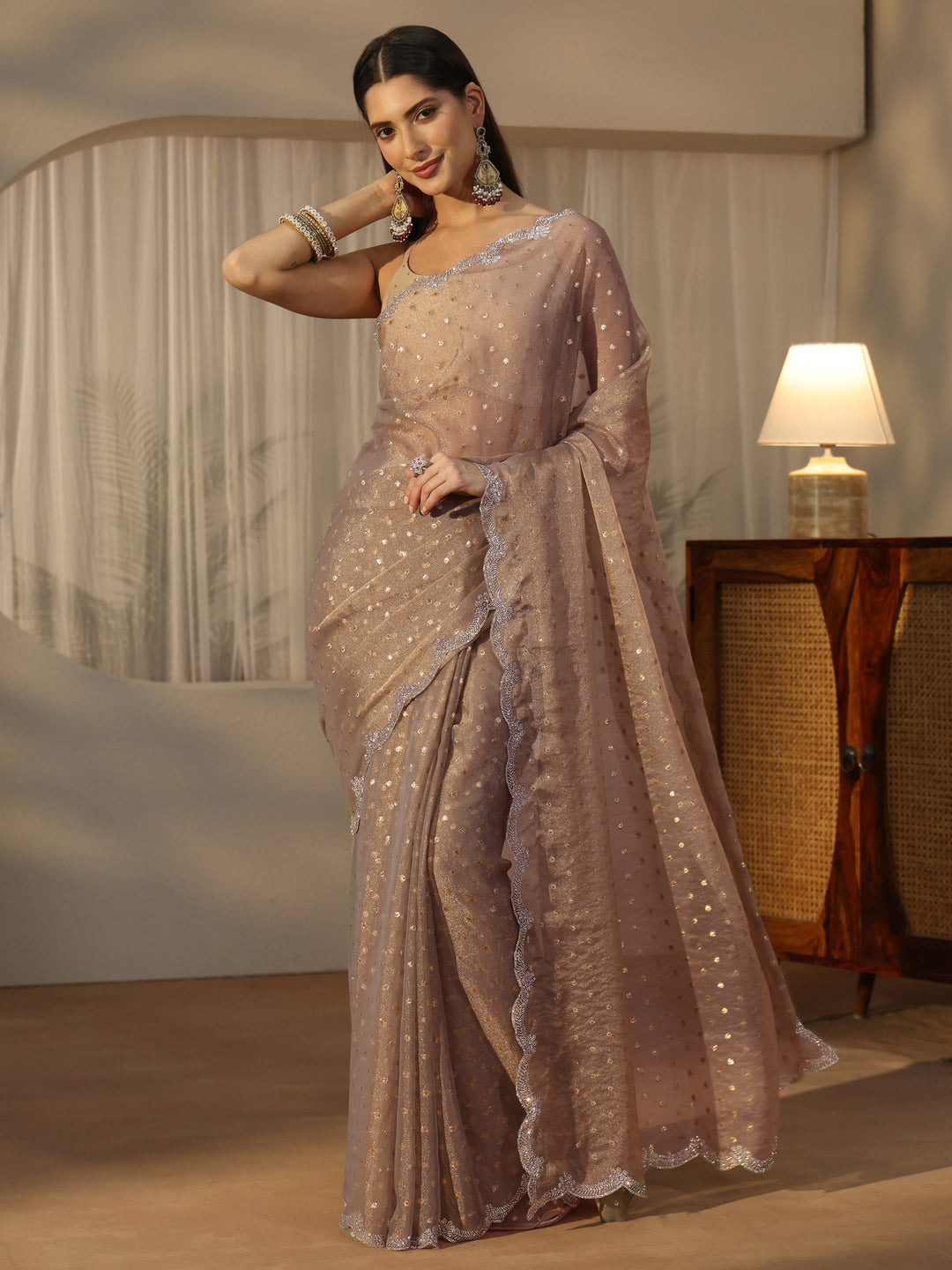  Libas Taupe Grey Embellished Tissue Saree 