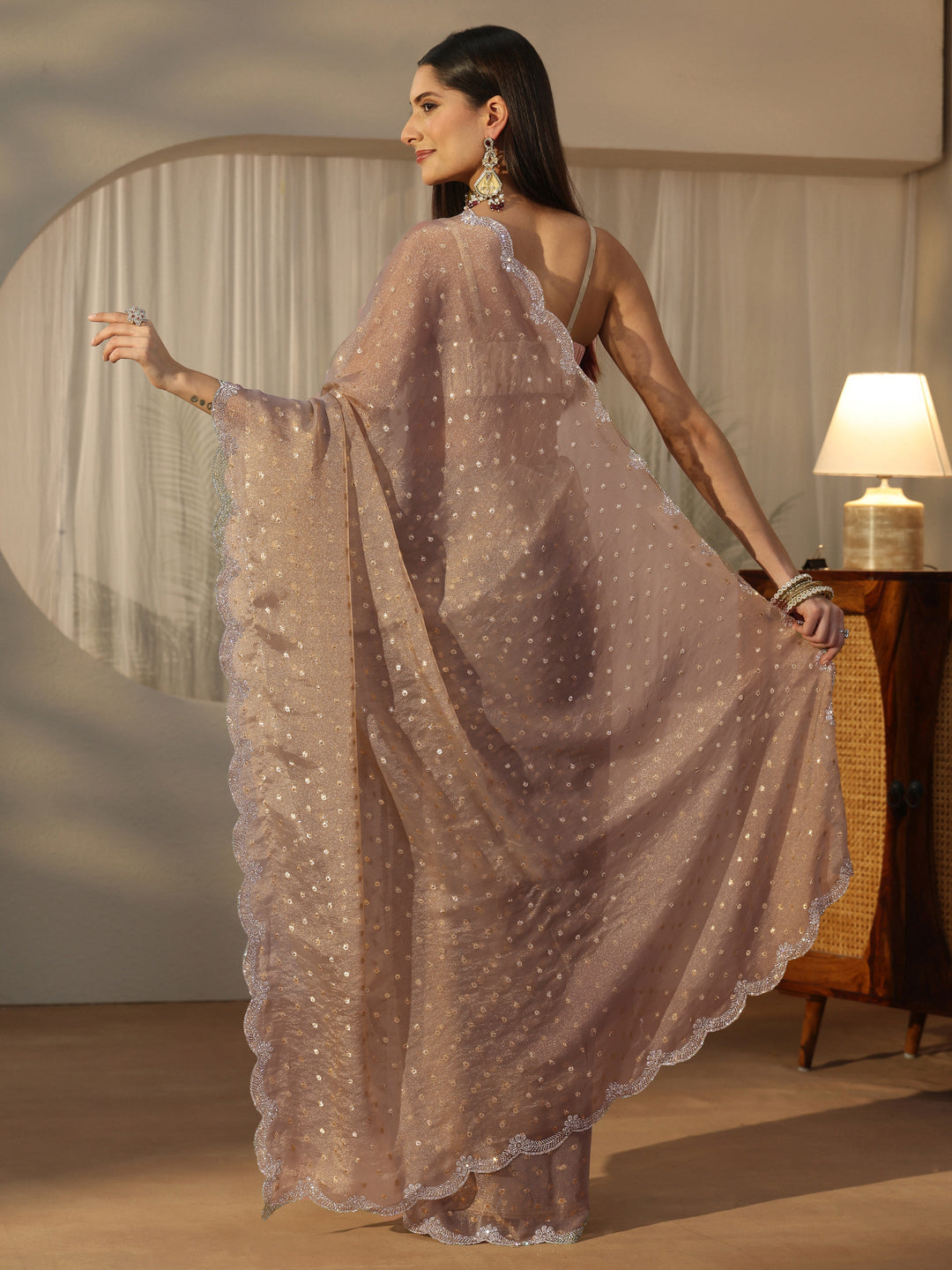  Libas Taupe Grey Embellished Tissue Saree 