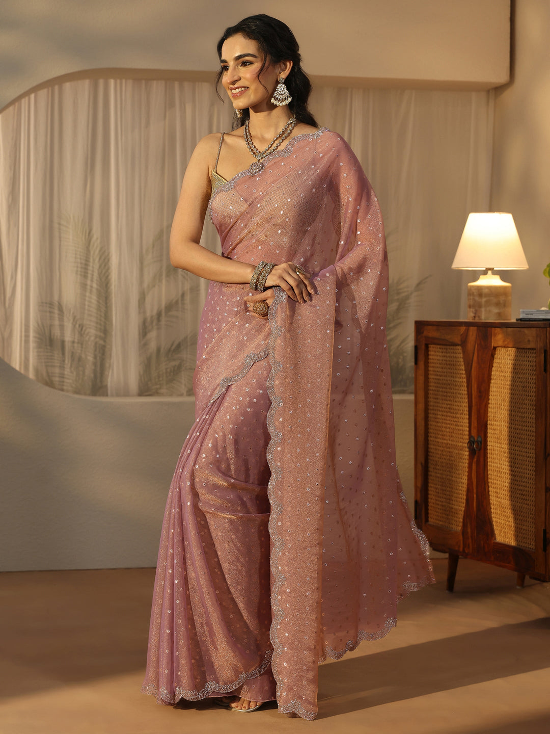  Libas Lavender Embellished Tissue Saree with Scalloped Border 