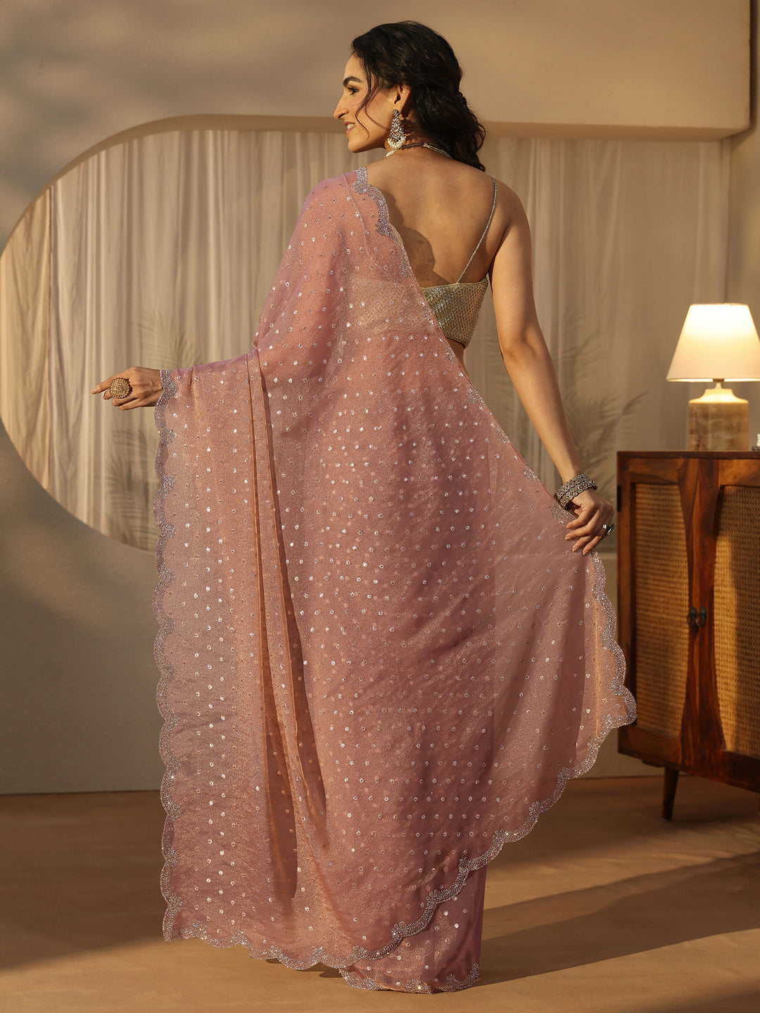  Libas Lavender Embellished Tissue Saree with Scalloped Border 