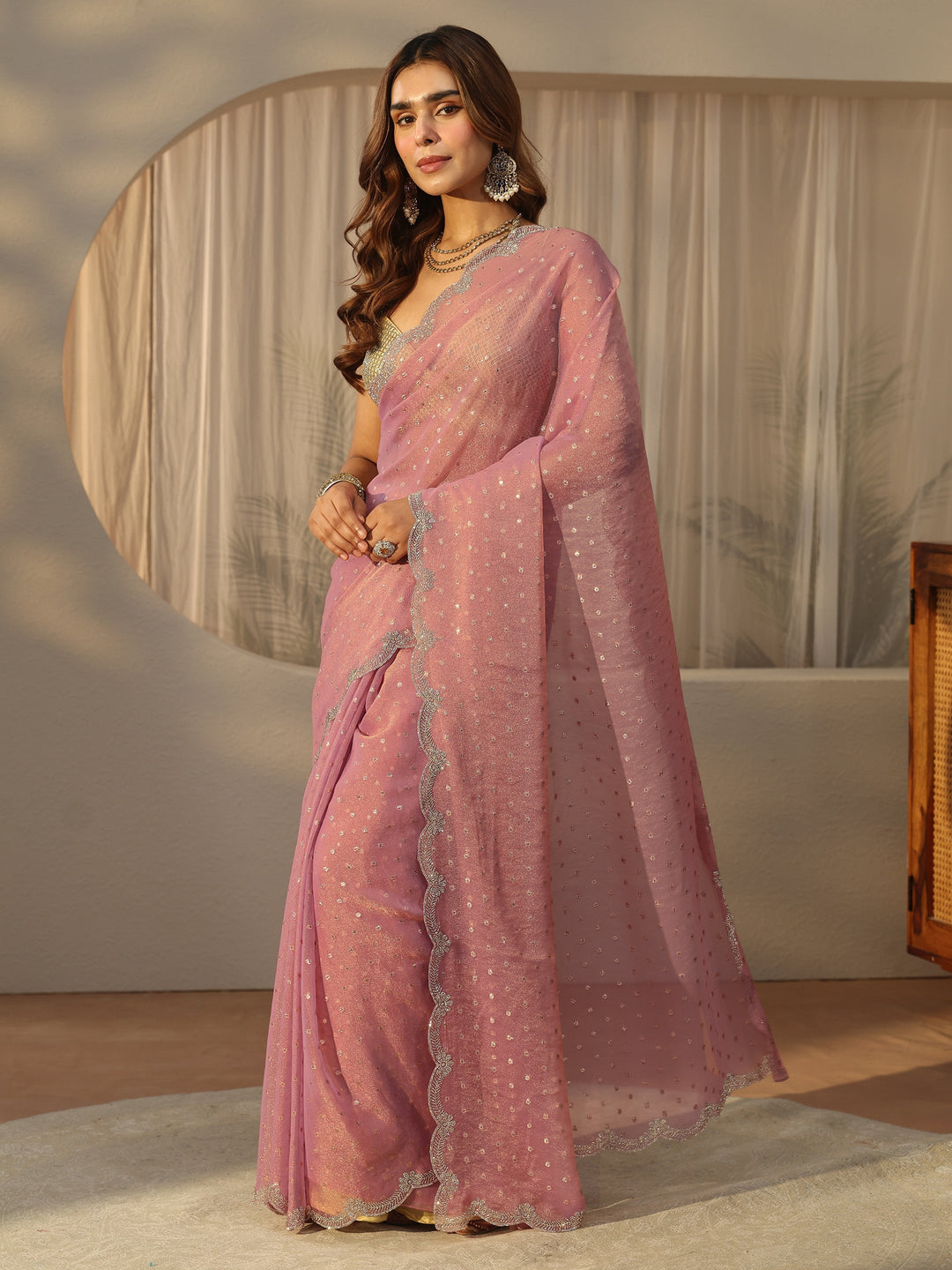  Libas Dusty Pink Embellished Tissue Saree with Scalloped Border 