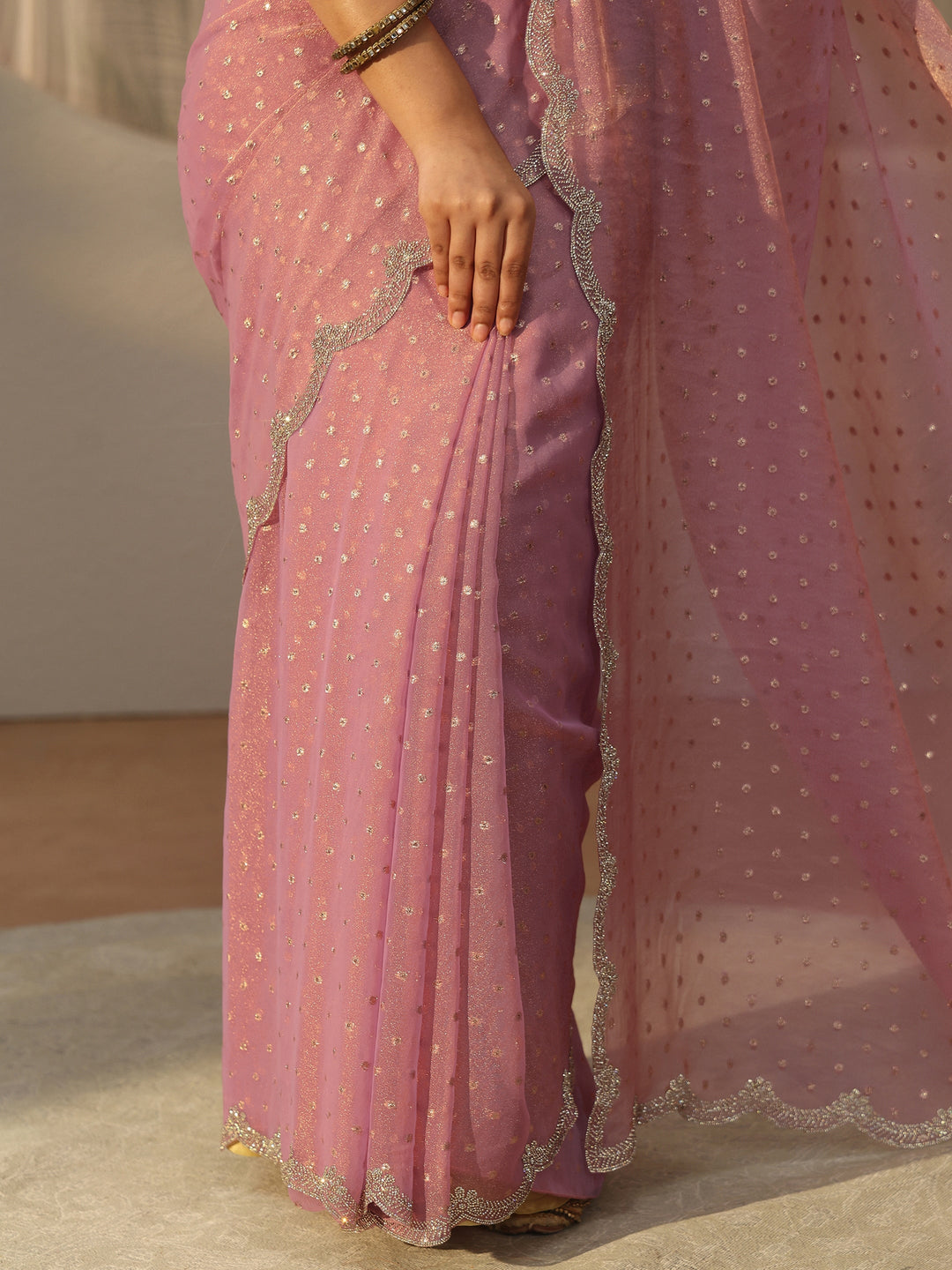  Libas Dusty Pink Embellished Tissue Saree with Scalloped Border 