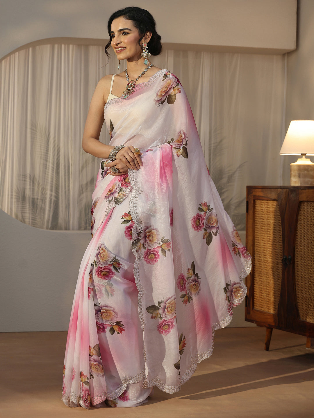  Libas Pink Floral Printed Satin Saree with Scalloped Border 