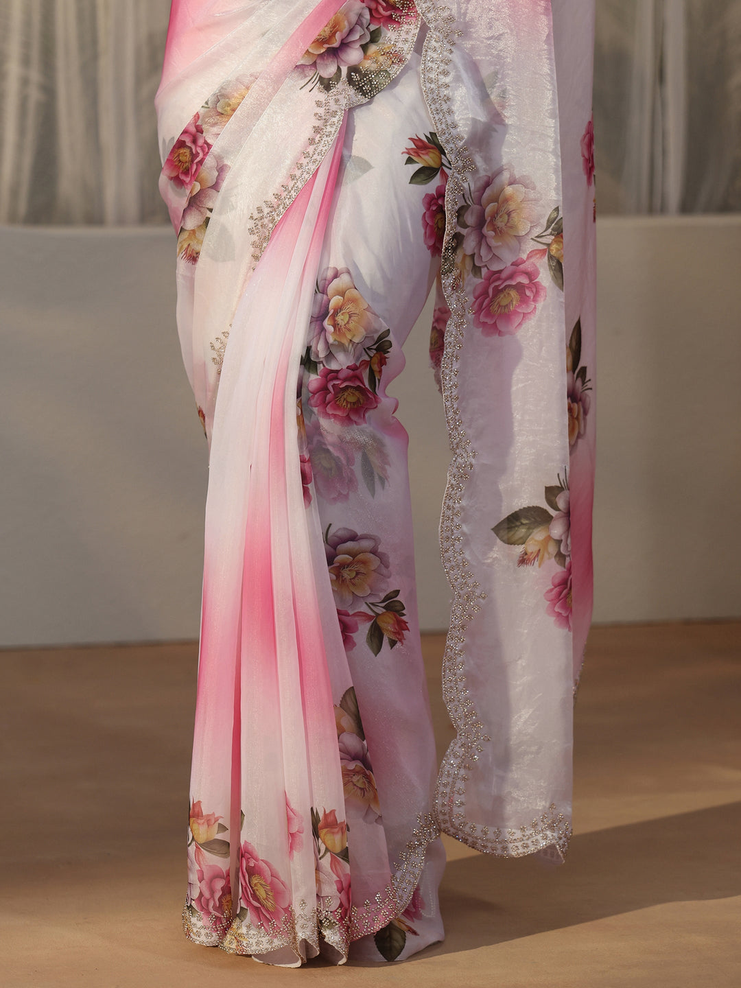  Libas Pink Floral Printed Satin Saree with Scalloped Border 
