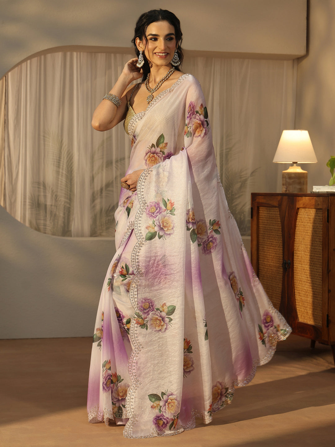  Libas Lavender Floral Printed Satin Saree with Scalloped Border 