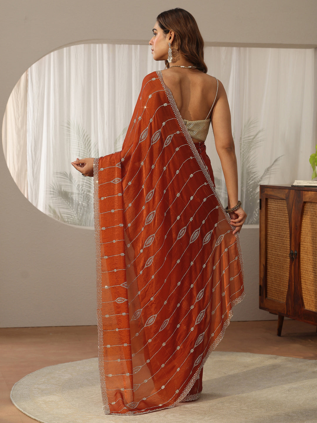  Libas Burnt Orange Embellished Tissue Saree 