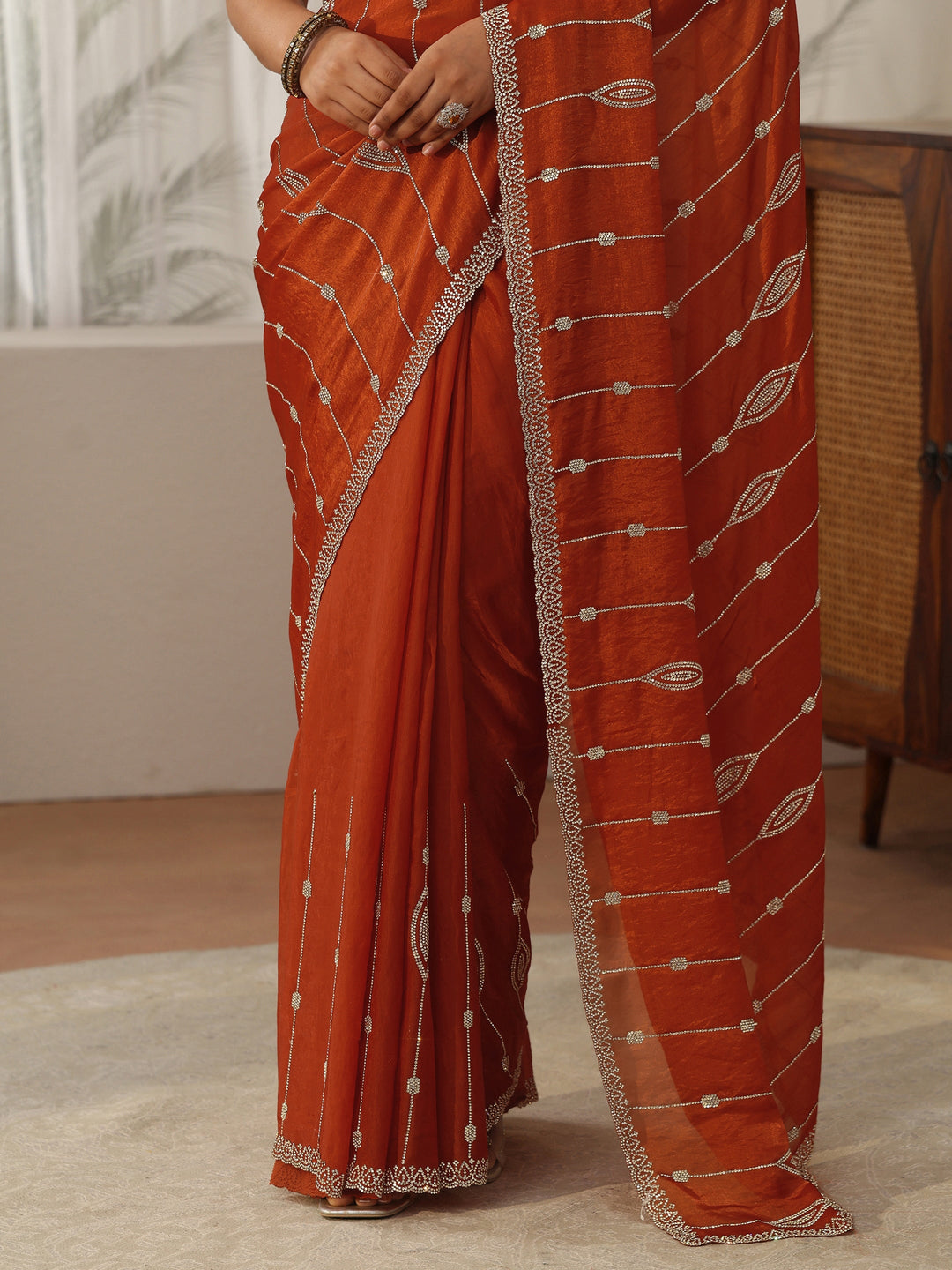  Libas Burnt Orange Embellished Tissue Saree 