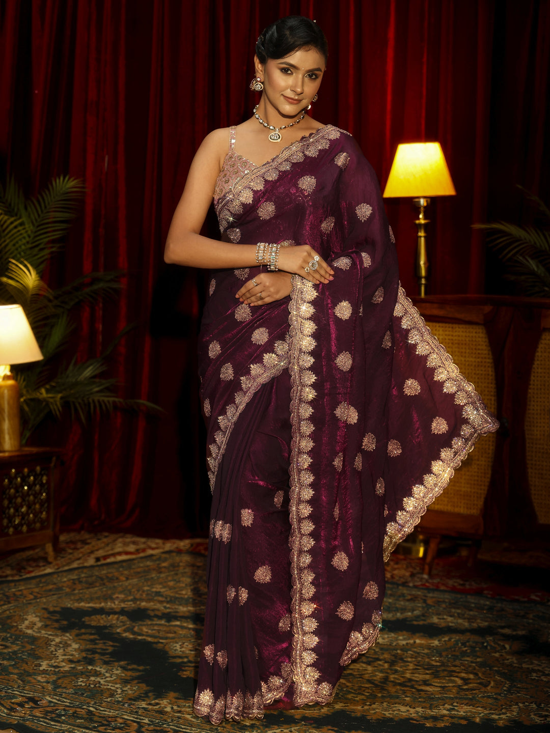 Libas Burgundy Floral Embellished Tissue Saree 