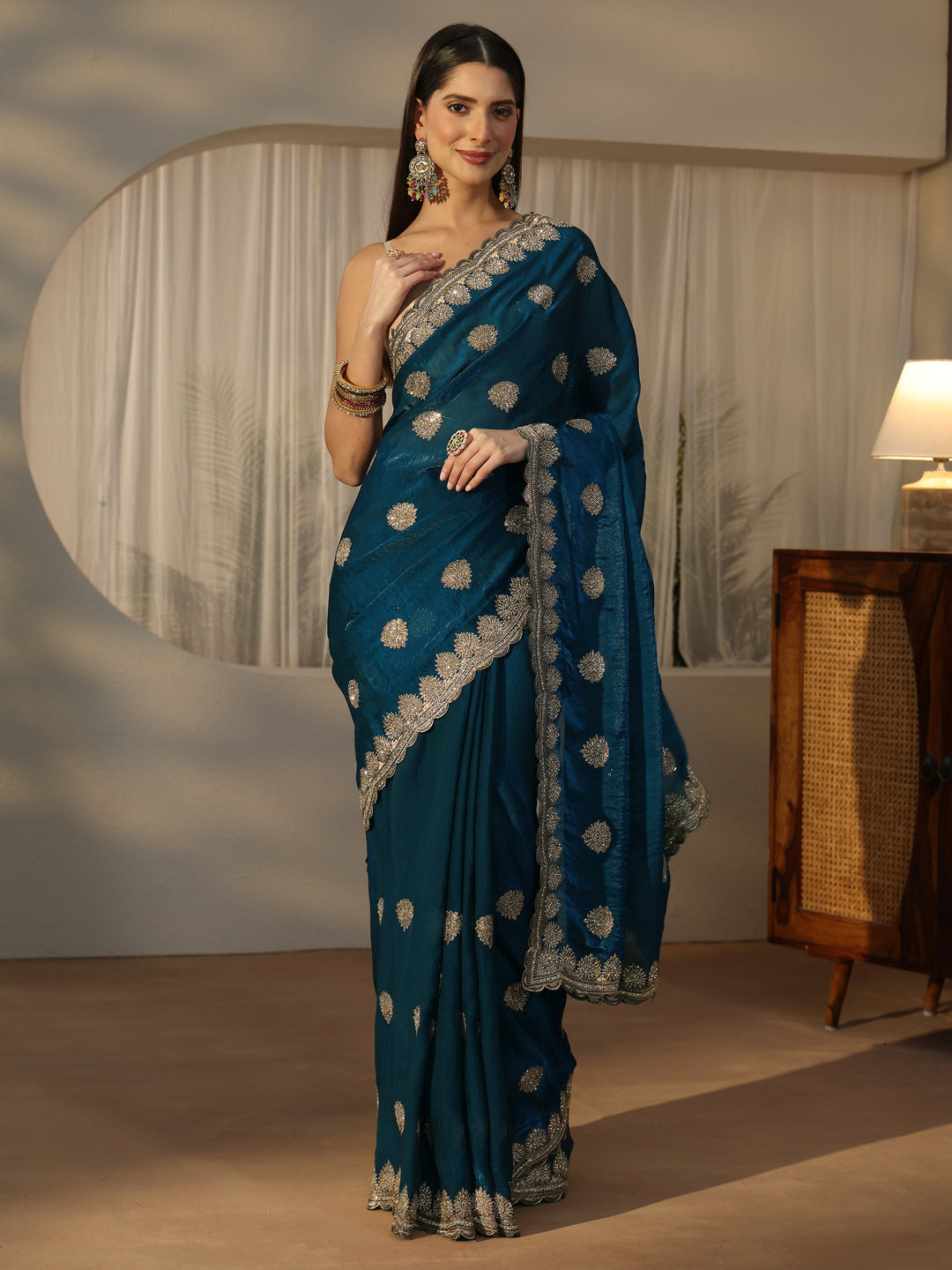  Libas Teal Blue Embroidered Tissue Saree 