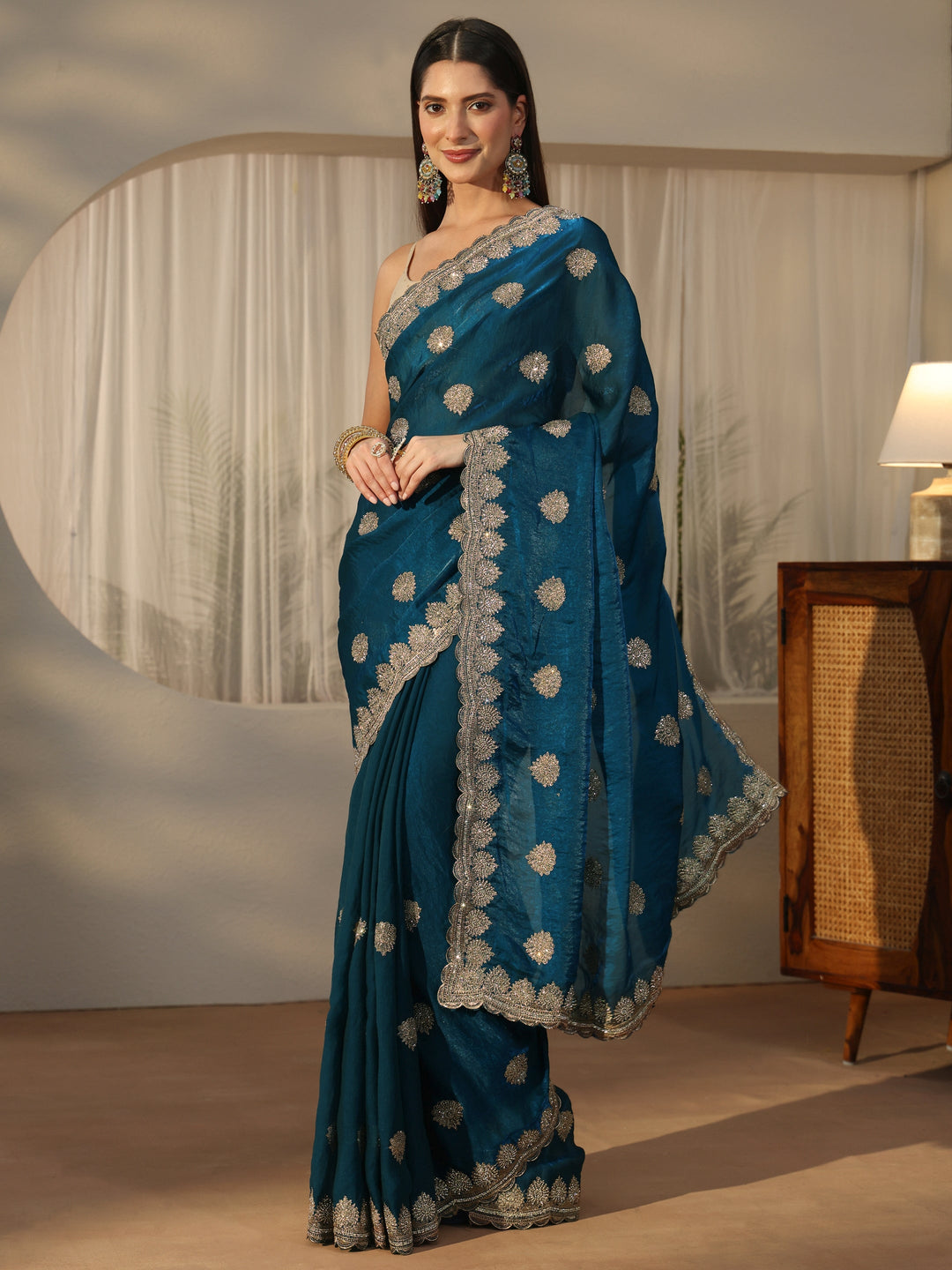  Libas Teal Blue Embroidered Tissue Saree 
