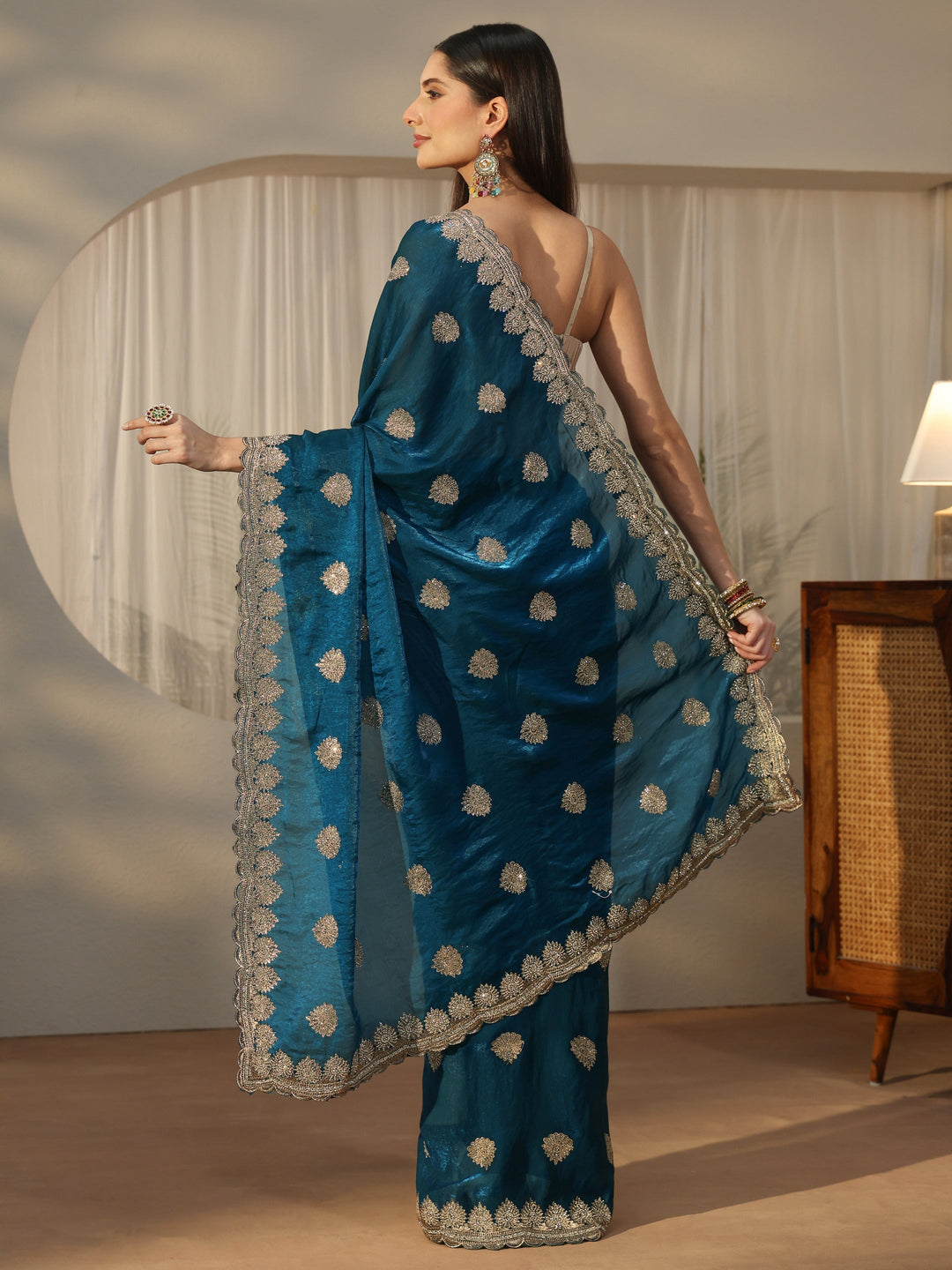  Libas Teal Blue Embroidered Tissue Saree 