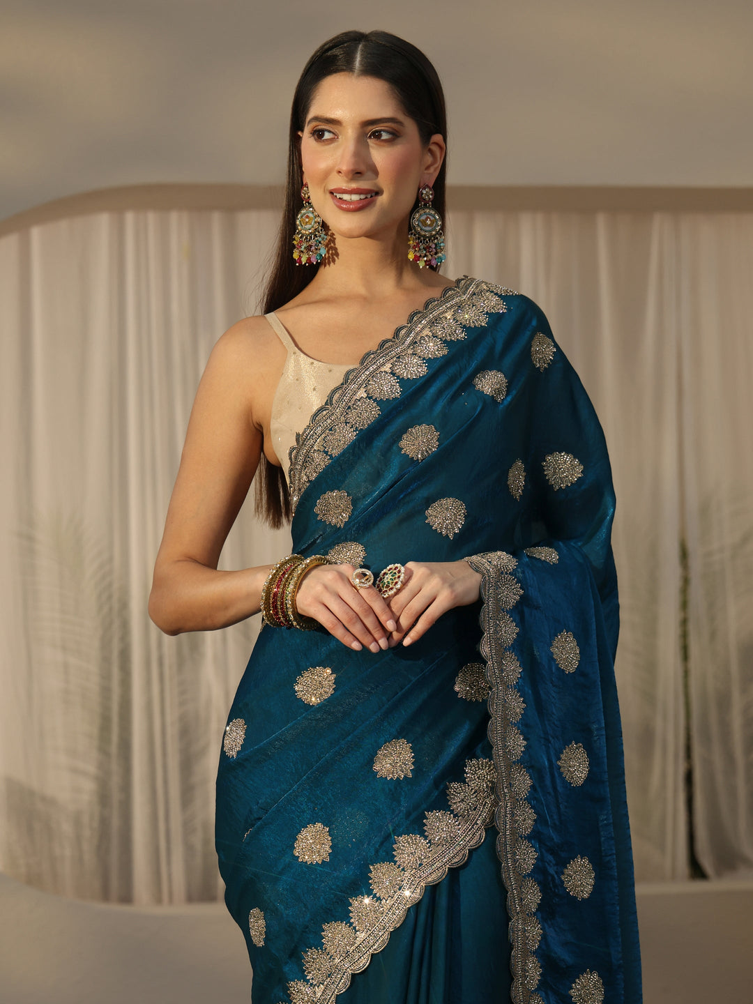  Libas Teal Blue Embroidered Tissue Saree 