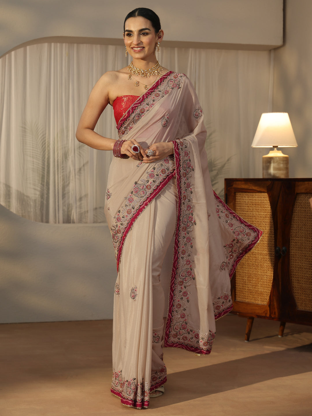  Libas Cream Floral Embroidered Tissue Saree 