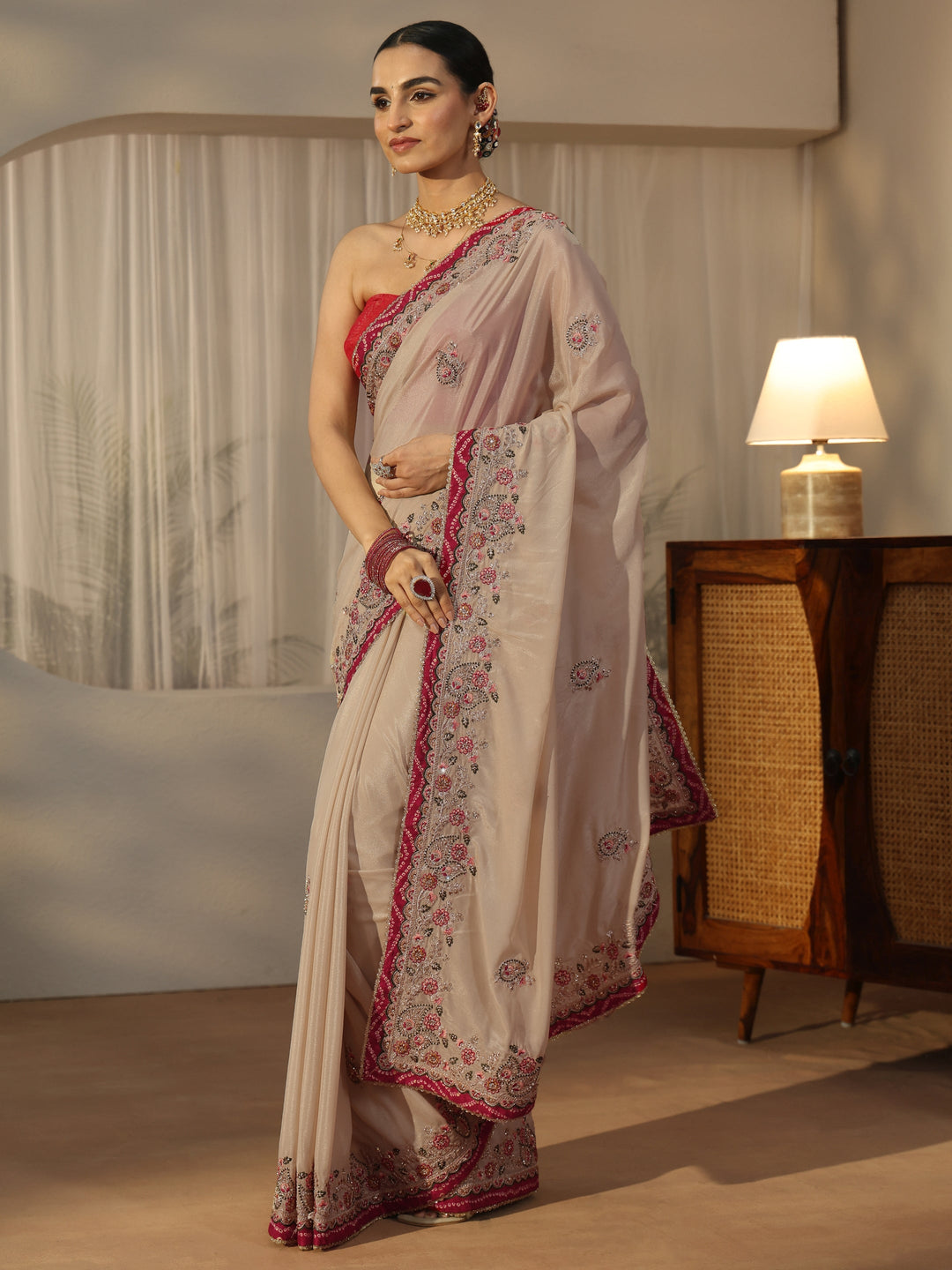  Libas Cream Floral Embroidered Tissue Saree 
