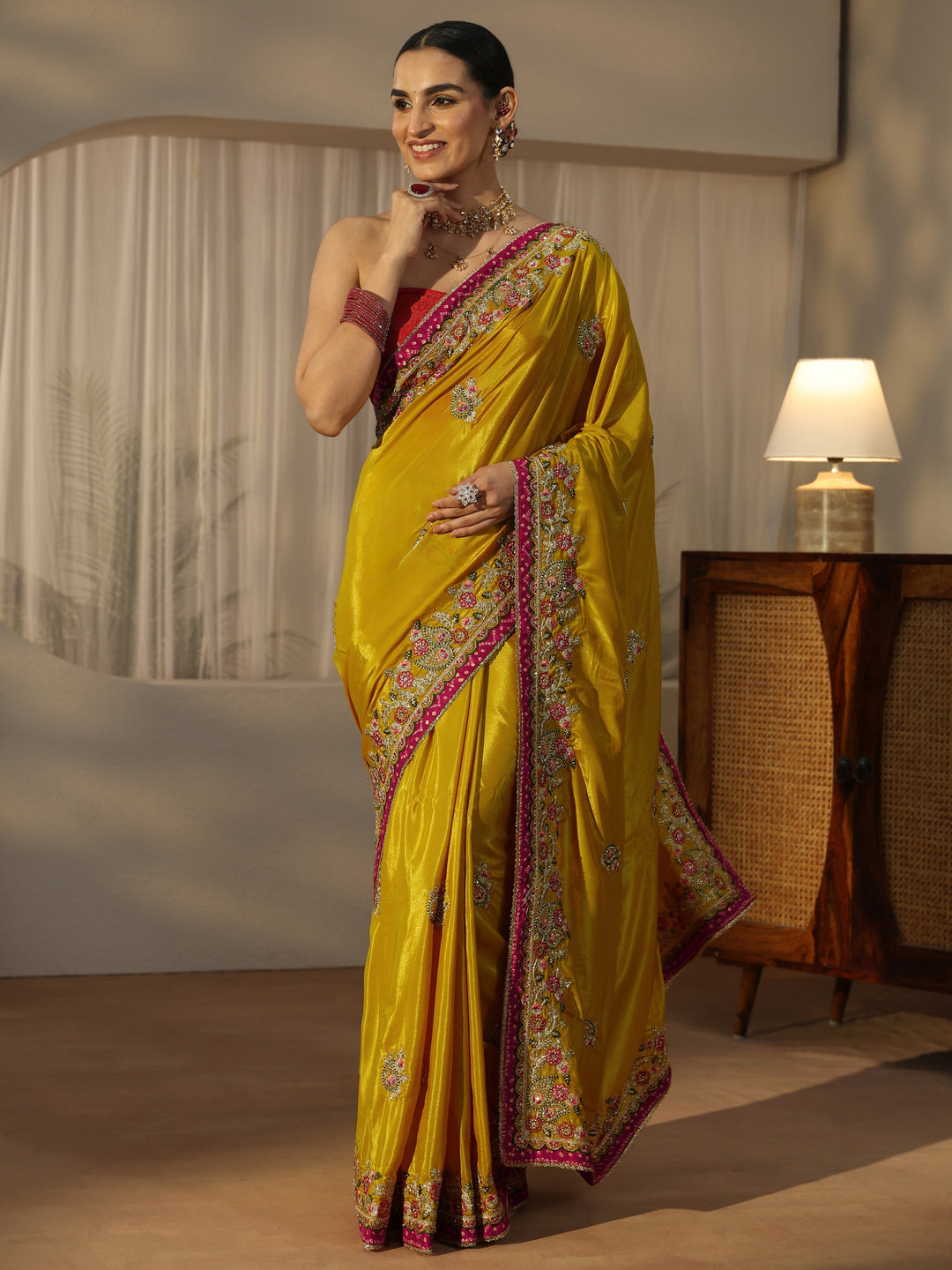 Libas Mustard Floral Embroidered Tissue Saree 